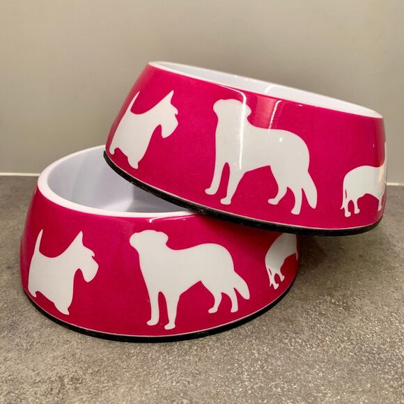 SET C. Wonder Hot Pink Dog Print Food Bowl Decorative Pet Bowls Anthropologie - Picture 1 of 15